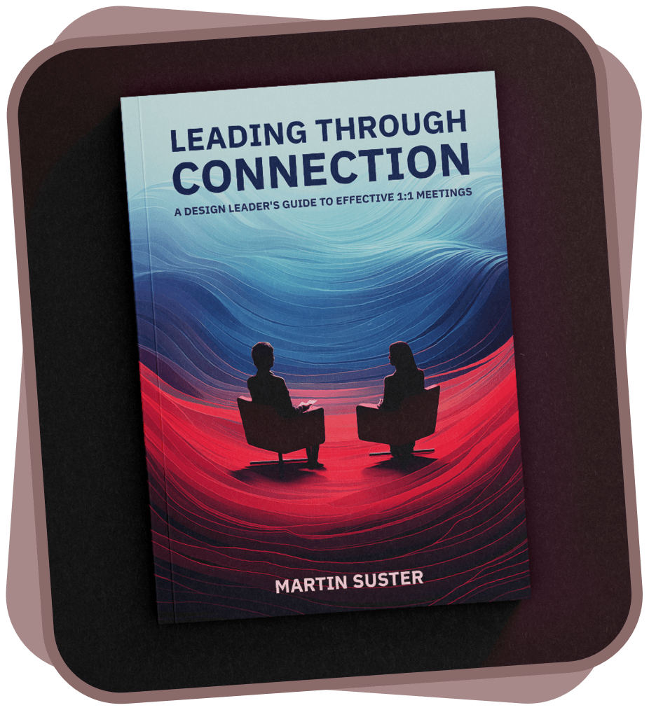 Cover of 'Leading Through Connection' featuring silhouettes of two people seated in conversation against a backdrop of red to blue gradient waves, by Martin Suster.