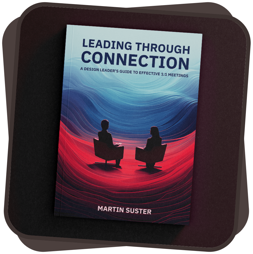 Cover of 'Leading Through Connection' featuring silhouettes of two people seated in conversation against a backdrop of red to blue gradient waves, by Martin Suster.