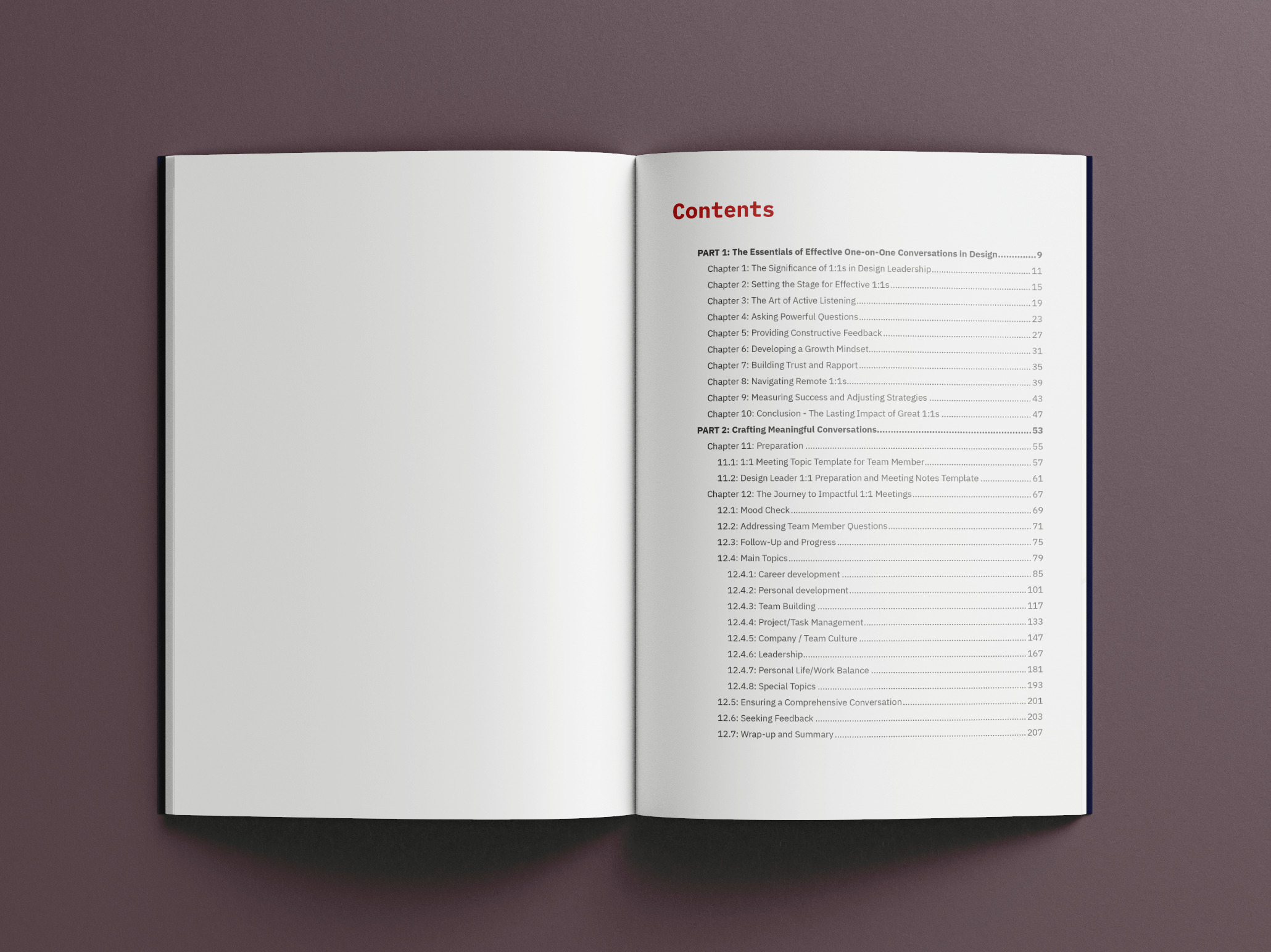 Open book showing a table of contents for 'Leading Through Connection,' outlining chapters on 1:1 meetings in design leadership, active listening, and building trust, among other topics.