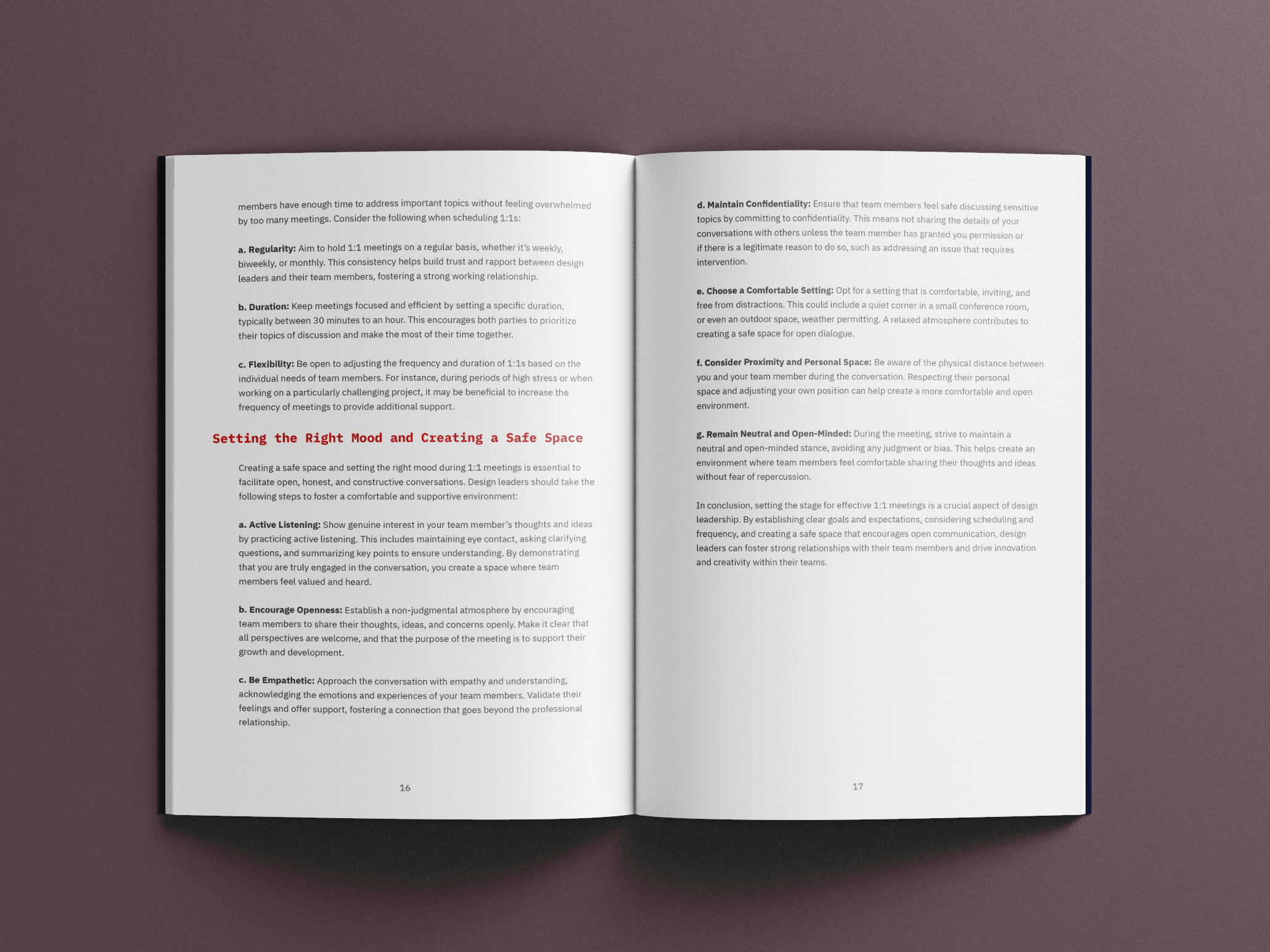 Two-page spread of an open book with text discussing scheduling and frequency considerations for 1:1 meetings, and tips for creating a safe space and setting the right mood.