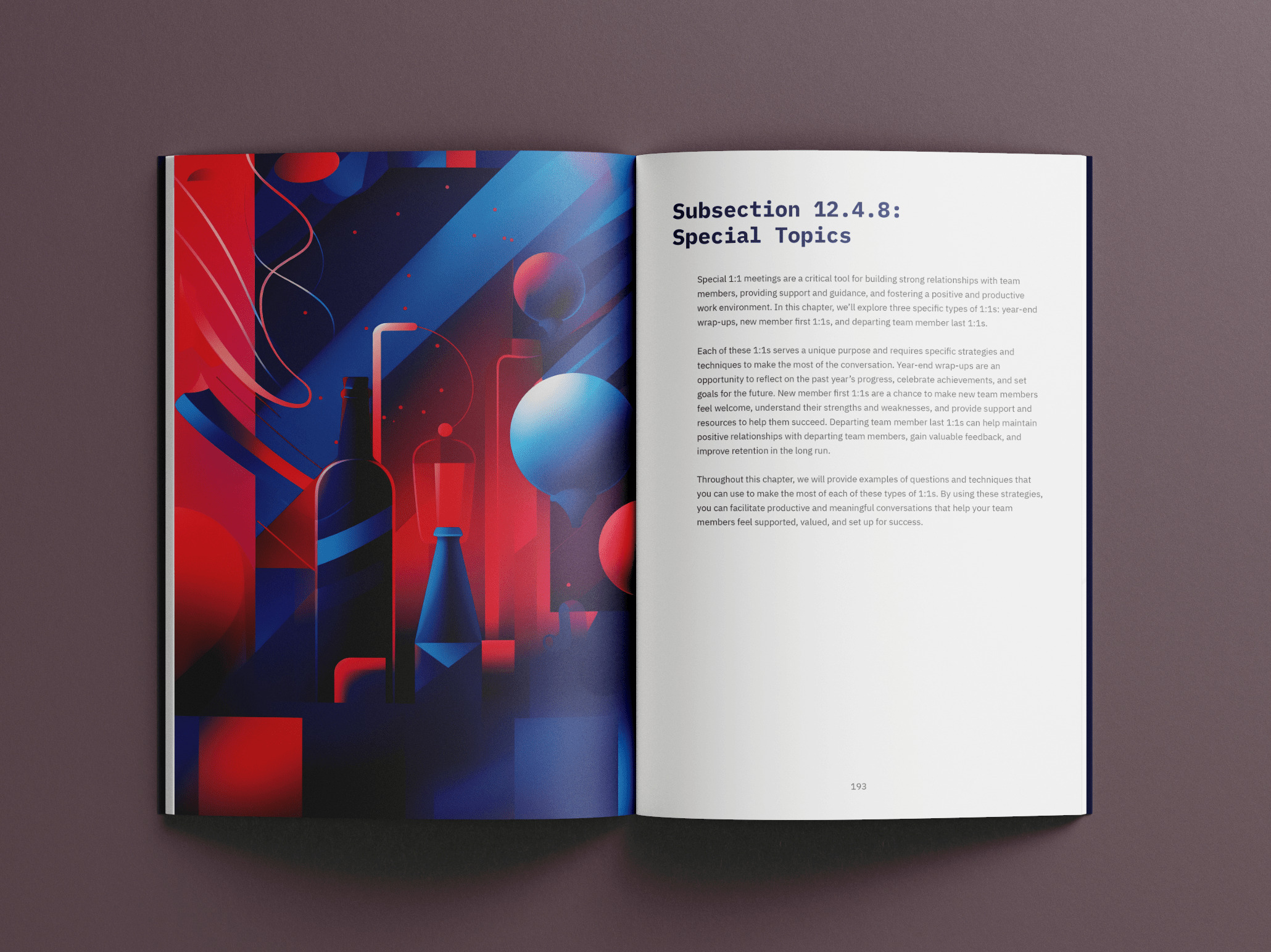 Artistic book spread with a colorful abstract illustration for a section on 'Special Topics' in 1:1 meetings, featuring strategies for strong team relationships.