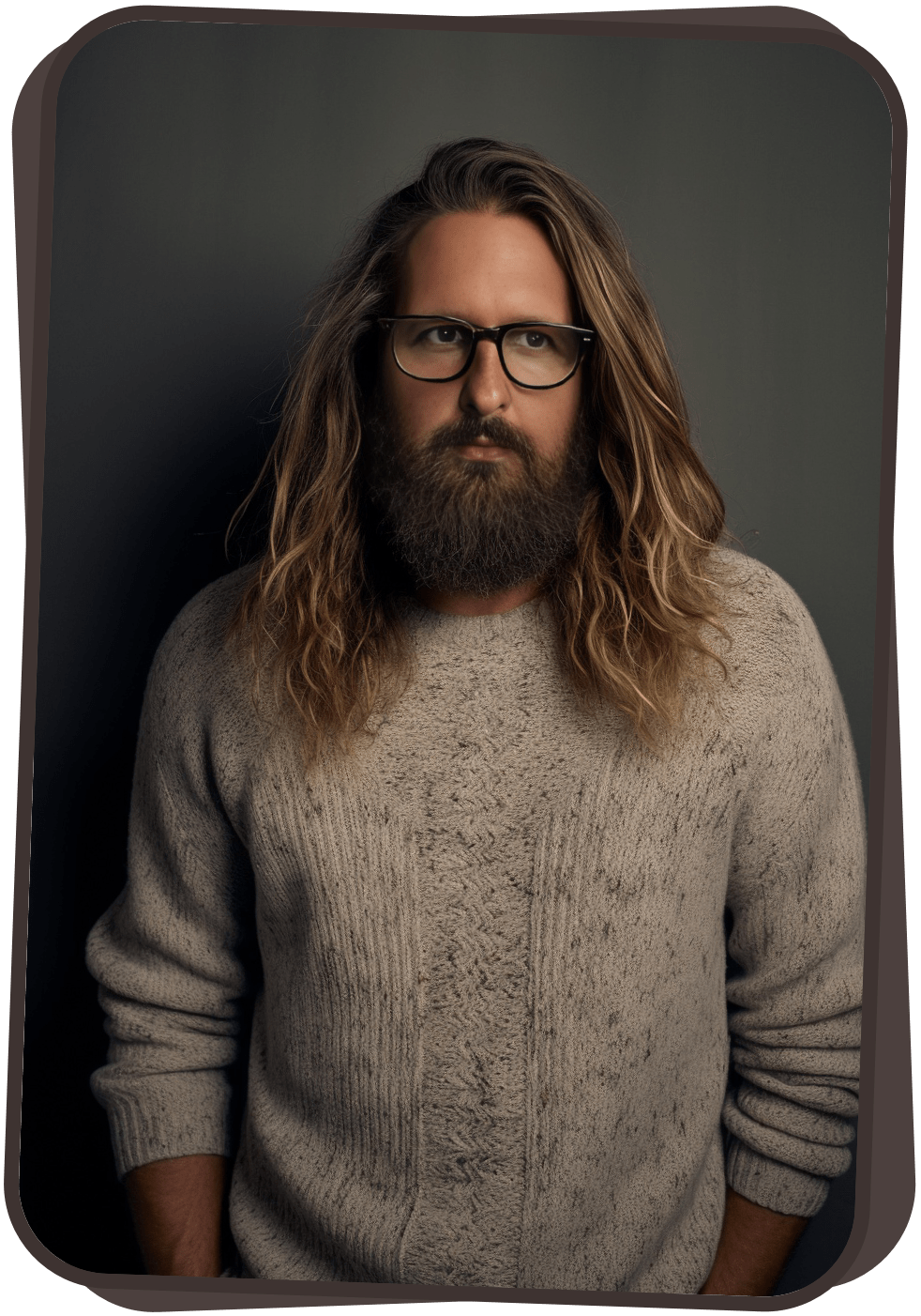 Portrait of Martin Suster, a design leader with long hair and a beard, wearing glasses and a knitted sweater.