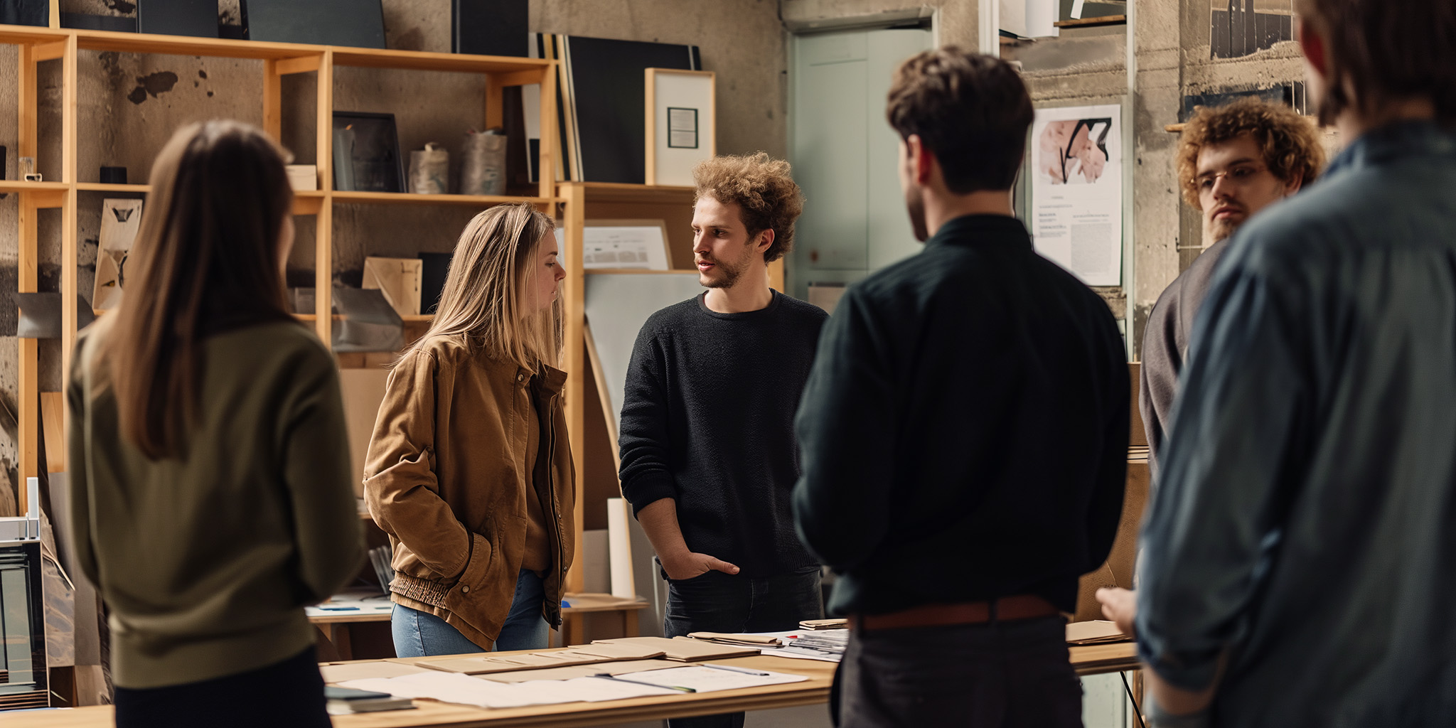 A focused group discussion among young adults in a studio, with design drafts and materials in the background, conveying a sense of teamwork and creativity.